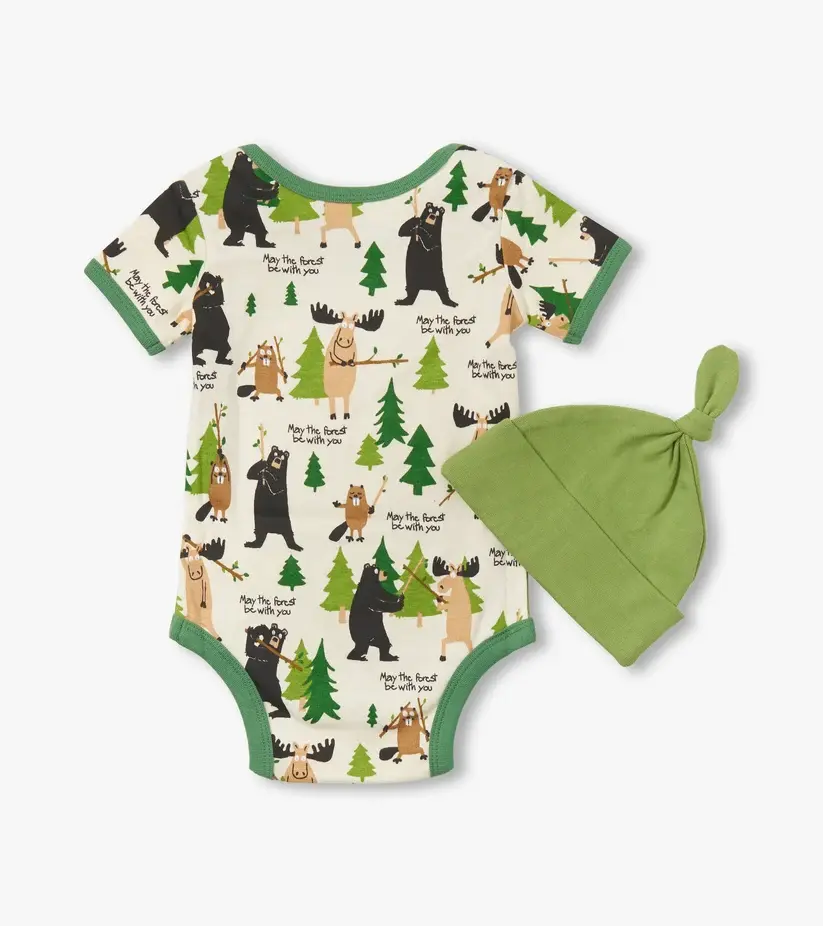 Back view of the Little Blue House May The Forest Be With You baby bodysuit and hat set at Tickled Pink.