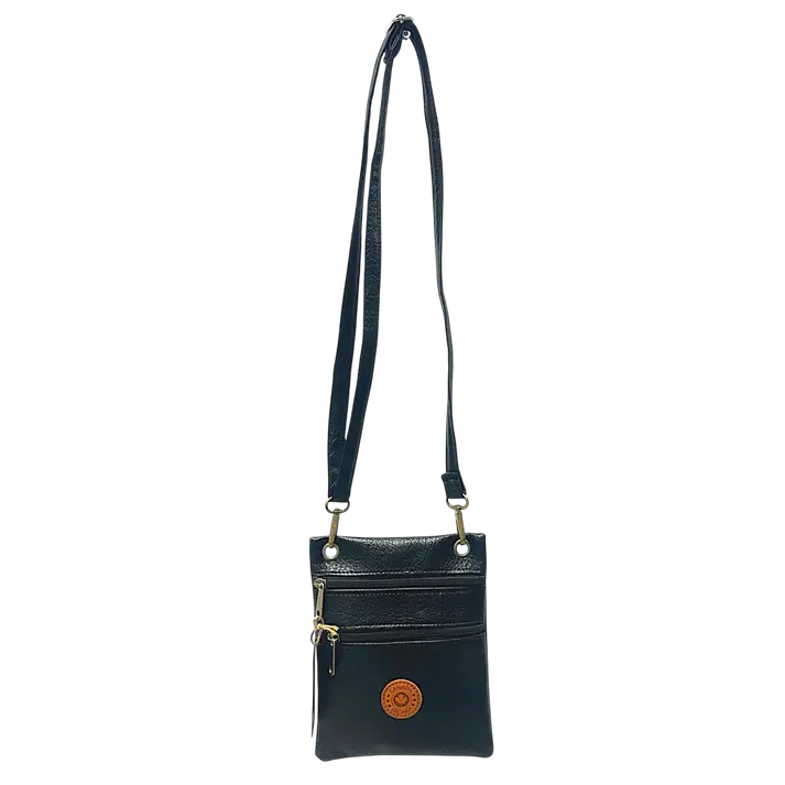 Small black rectangular zippered pouch on long strap, round patch with maple leaf & text, Canada est. 1867'