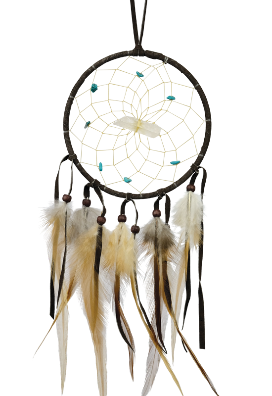 Dark brown 4" leather dream catcher with turquoise stones in mesh & 8 long brown feathers