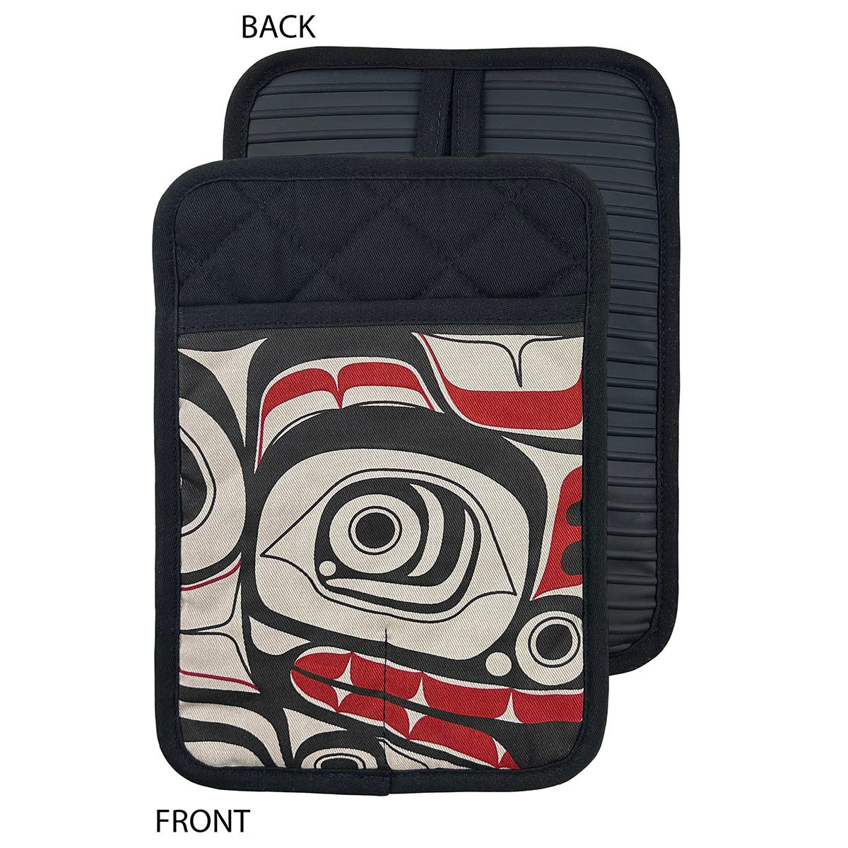 2 black, red & white silicone potholders printed with artist Morgan Asoyuf's 'Matriarch Bear'