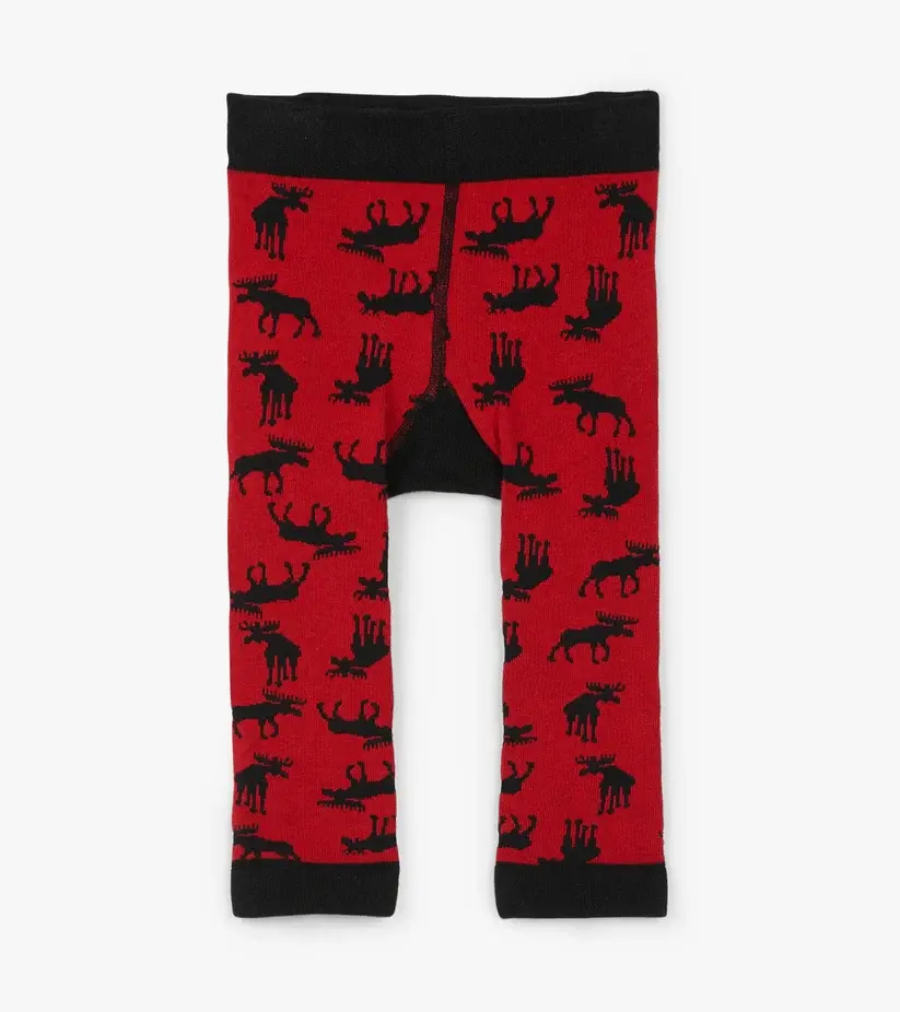 Little Blue House Moose on Red baby tights featuring an all-over moose pattern at Tickled Pink.