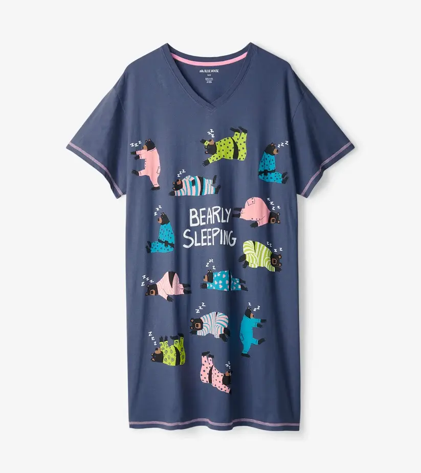 Little Blue House Bearly Sleeping women's sleepshirt with sleeping bear graphics at Tickled Pink.