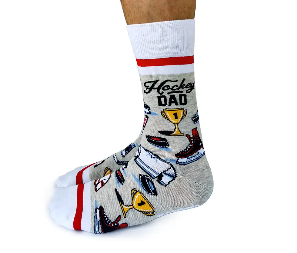 Thumbnail: Side view of pair of gray & white socks with red stripes & print of all things hockey, text, "Hockey Dad"