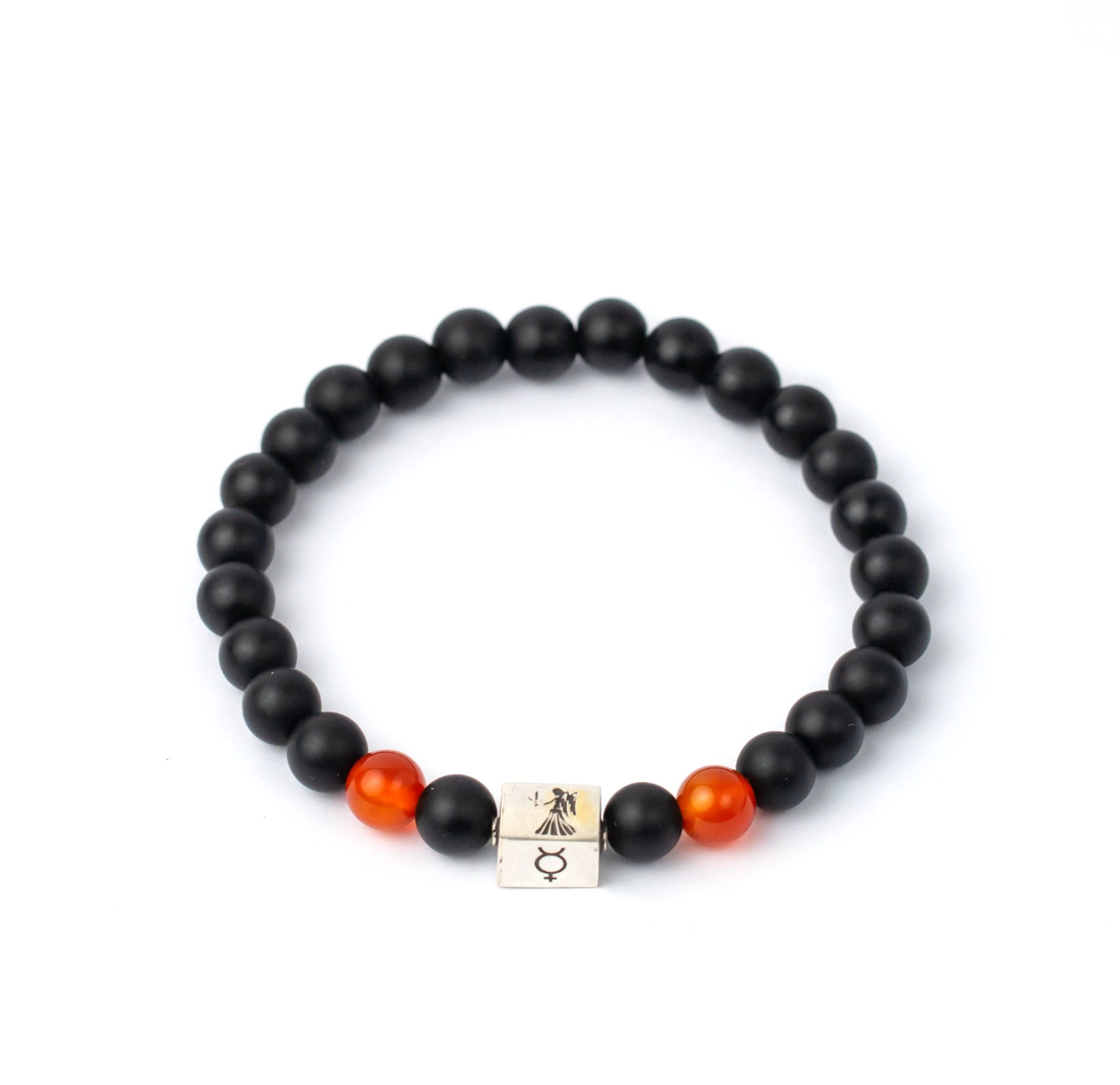 Matte black agate bead bracelet with carnelian bead on both sides of silver cube bead engraved with 4 Virgo symbols