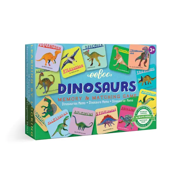 Front of rectangular green box of Dinosaurs Memory Matching Game with colorful little paper tiles depicting dinosaurs