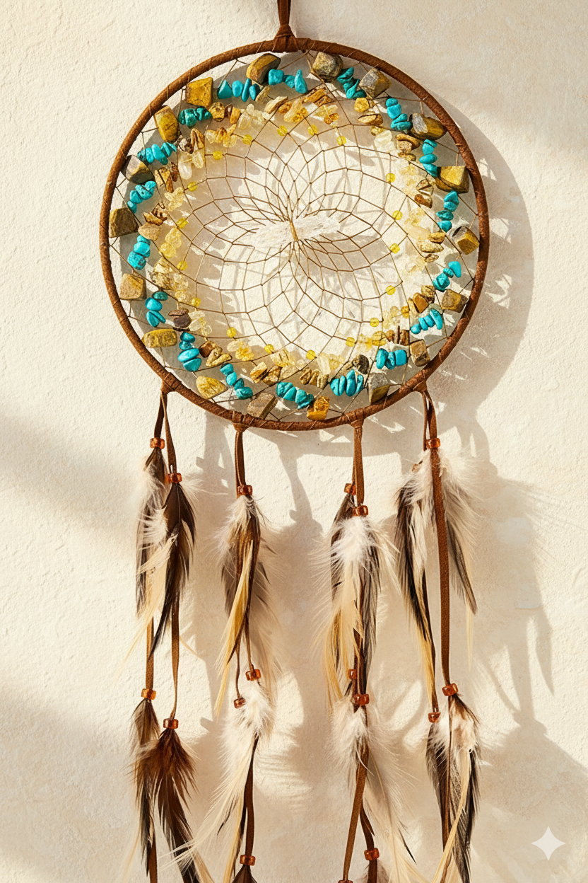 6" Brown Cluster Dream Catcher, with tiger eye, turquoise, citrine & picture jasper semi-precious stones-shadowed background