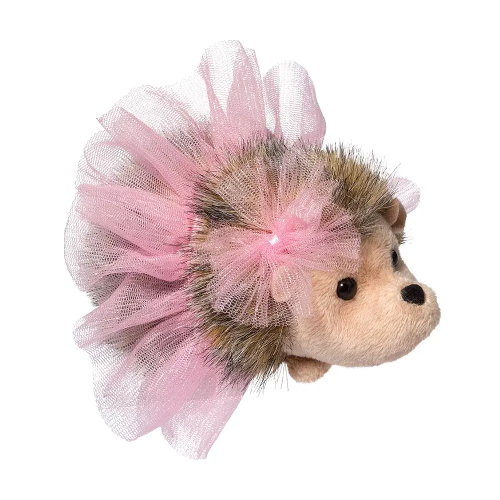 Small round brown plush hedgehog stuffed toy with pink tulle tutu & ear bow
