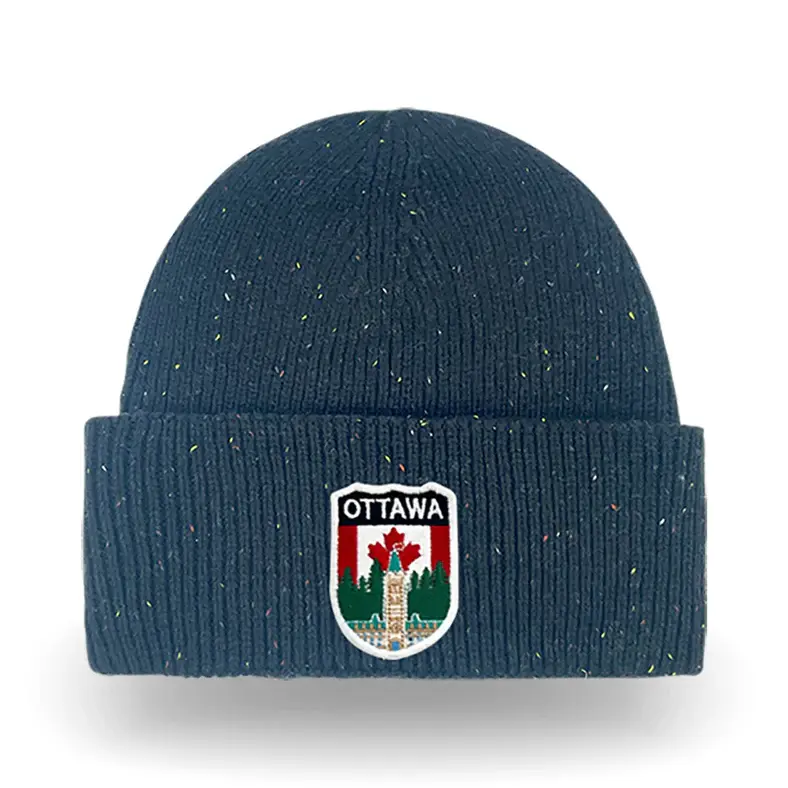 Speckled navy ribbed cuffed toque with Ottawa patch front center