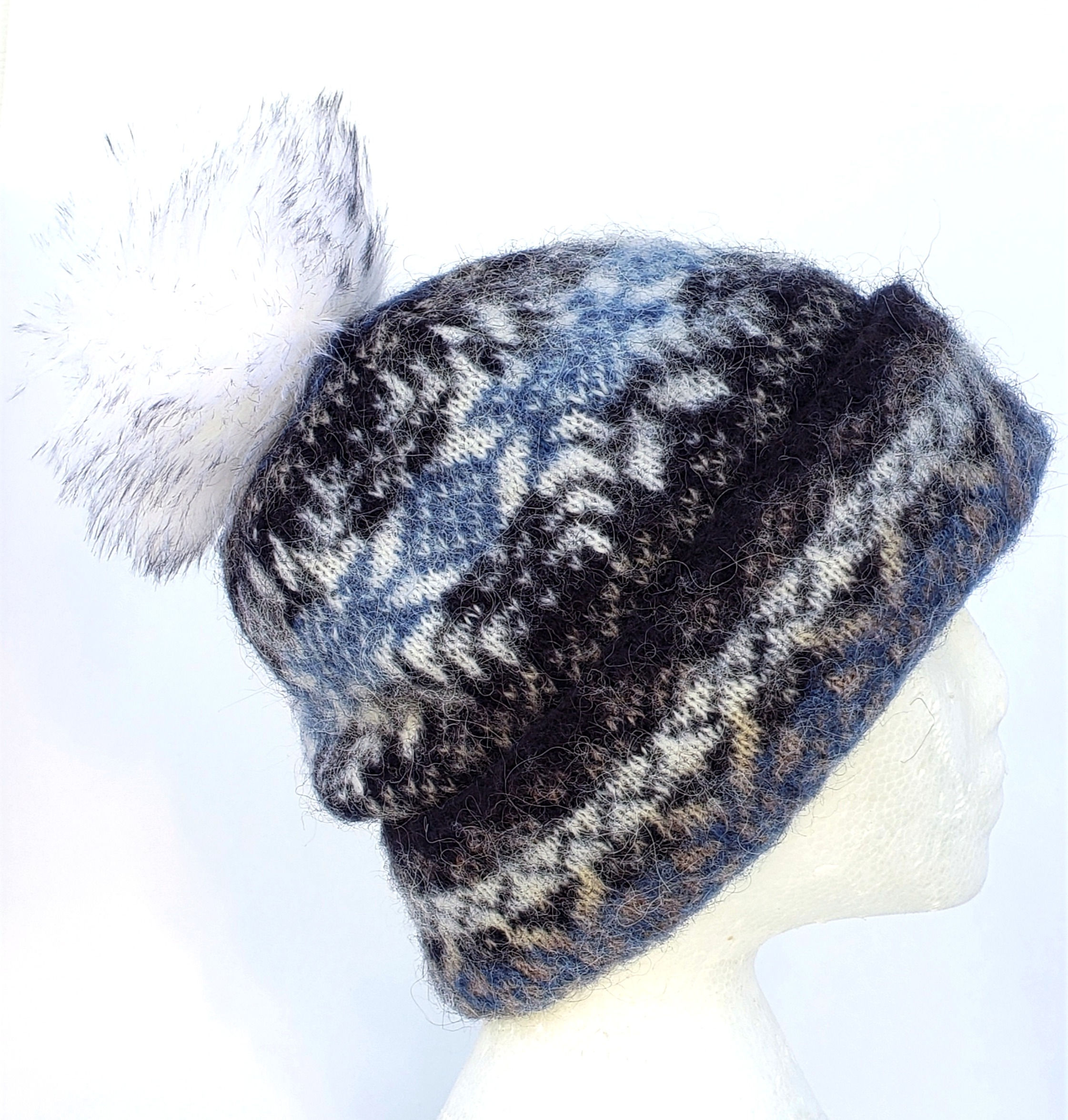 Ivory and Blue Snowflake with Navy and Tan Wool Cuffed Toque with Pompom