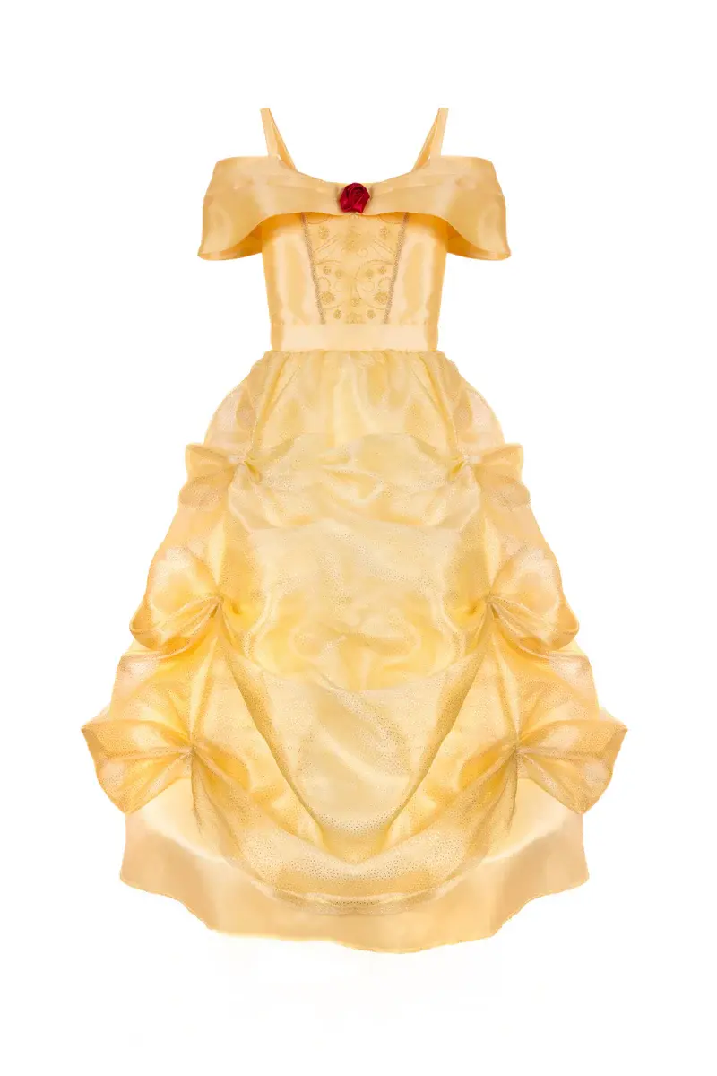 Long yellow Beauty princess dress with full ruched hoop skirt & off the shoulder sleeves