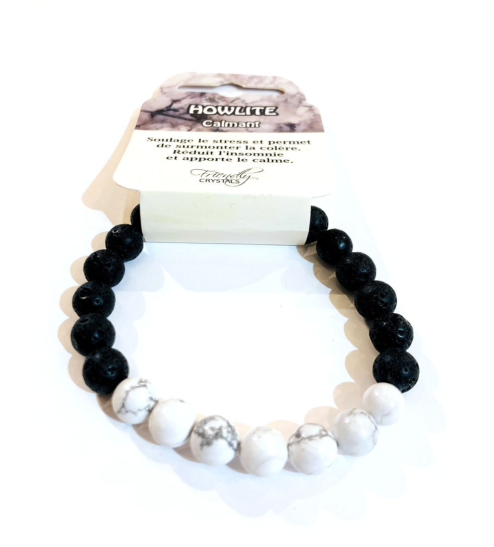 Howlite gemstone & lava beads stretch bracelet on card describing stone properties