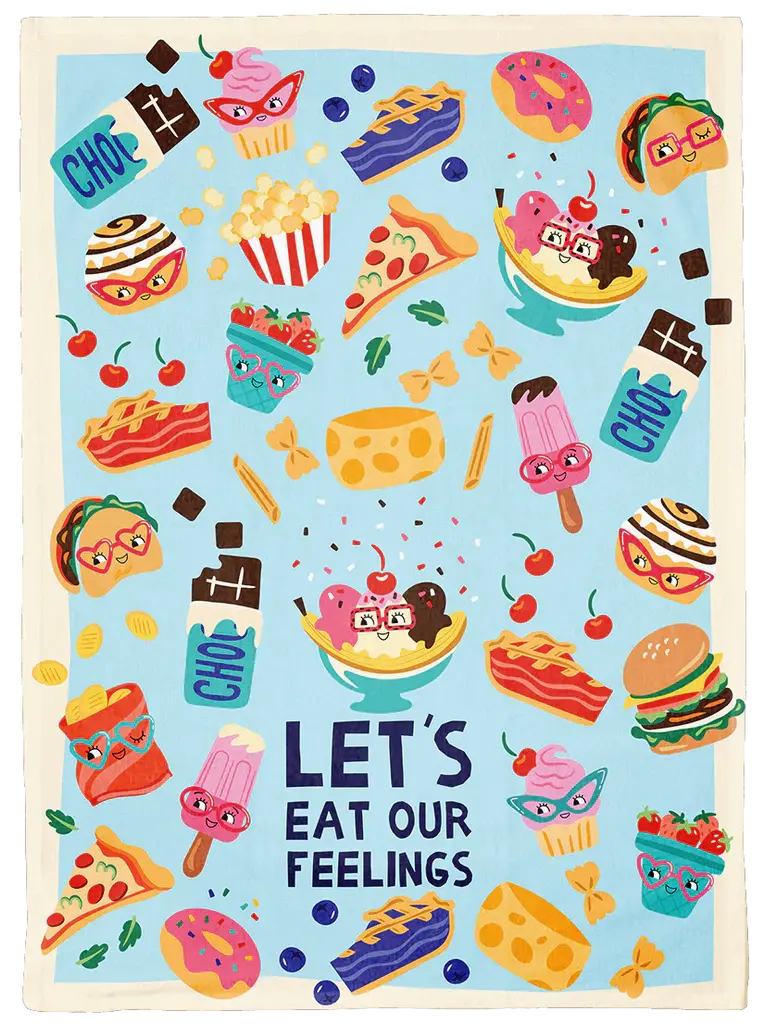 Full flat view of the Eat Our Feelings pattern dish towel by Uptown Sox at Tickled Pink Ottawa.