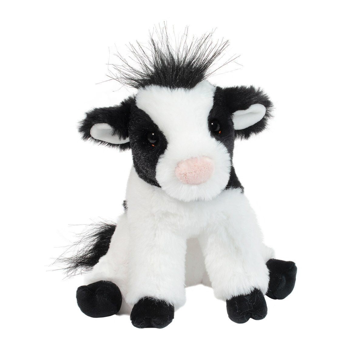 Front view of black & white baby cow stuffed toy animal in seated position