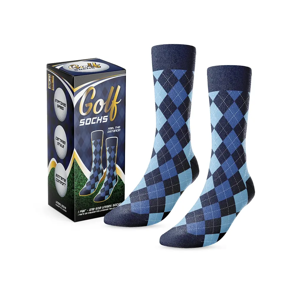 3 tone blue argyle print socks beside packaging that looks like box of 3 golf balls
