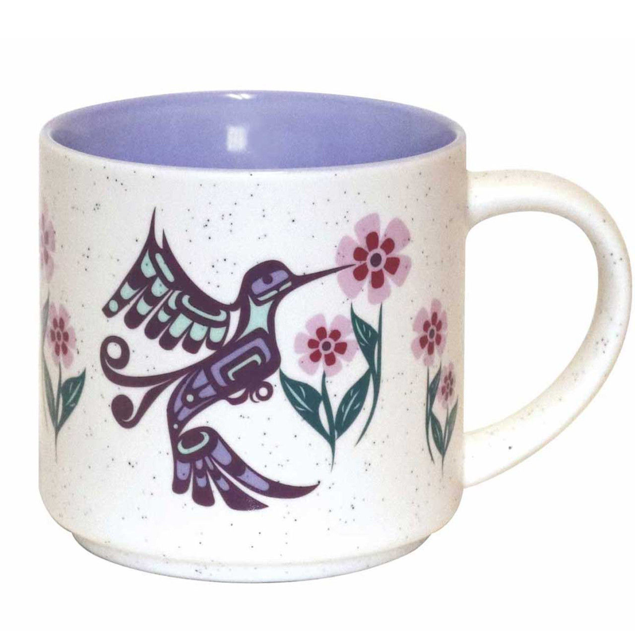 Ceramic mug with mauve interior, white exterior with reproduction of artist Francis Dick's 'Hummingbird'
