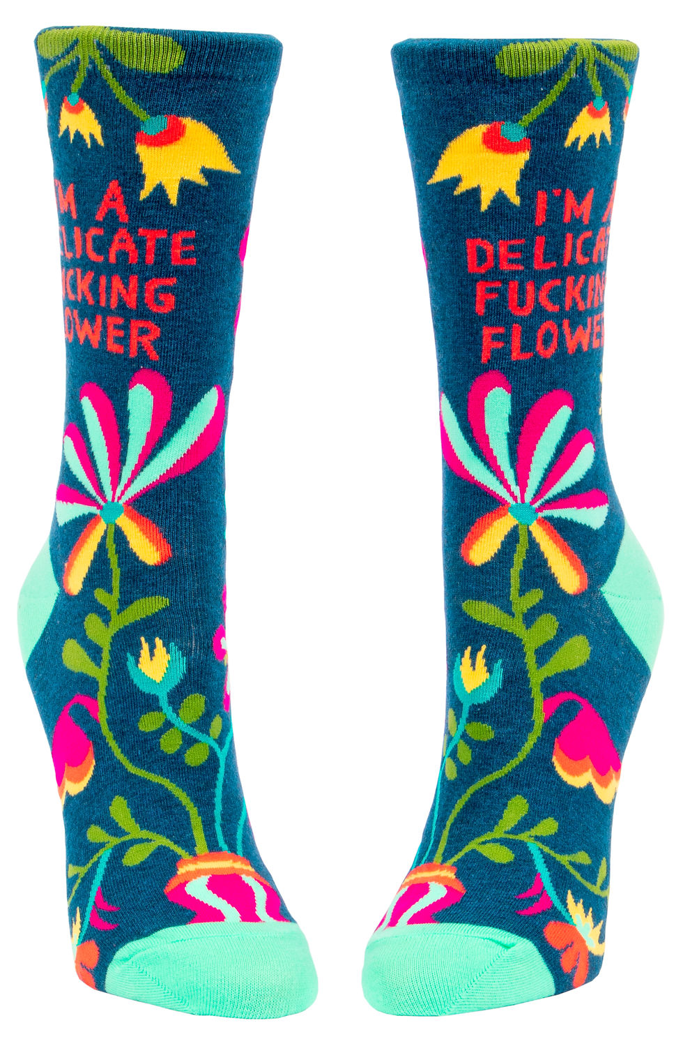 Front view of navy blue socks with colorful flowers - text 'I'm a Delicate Fucking Flower'