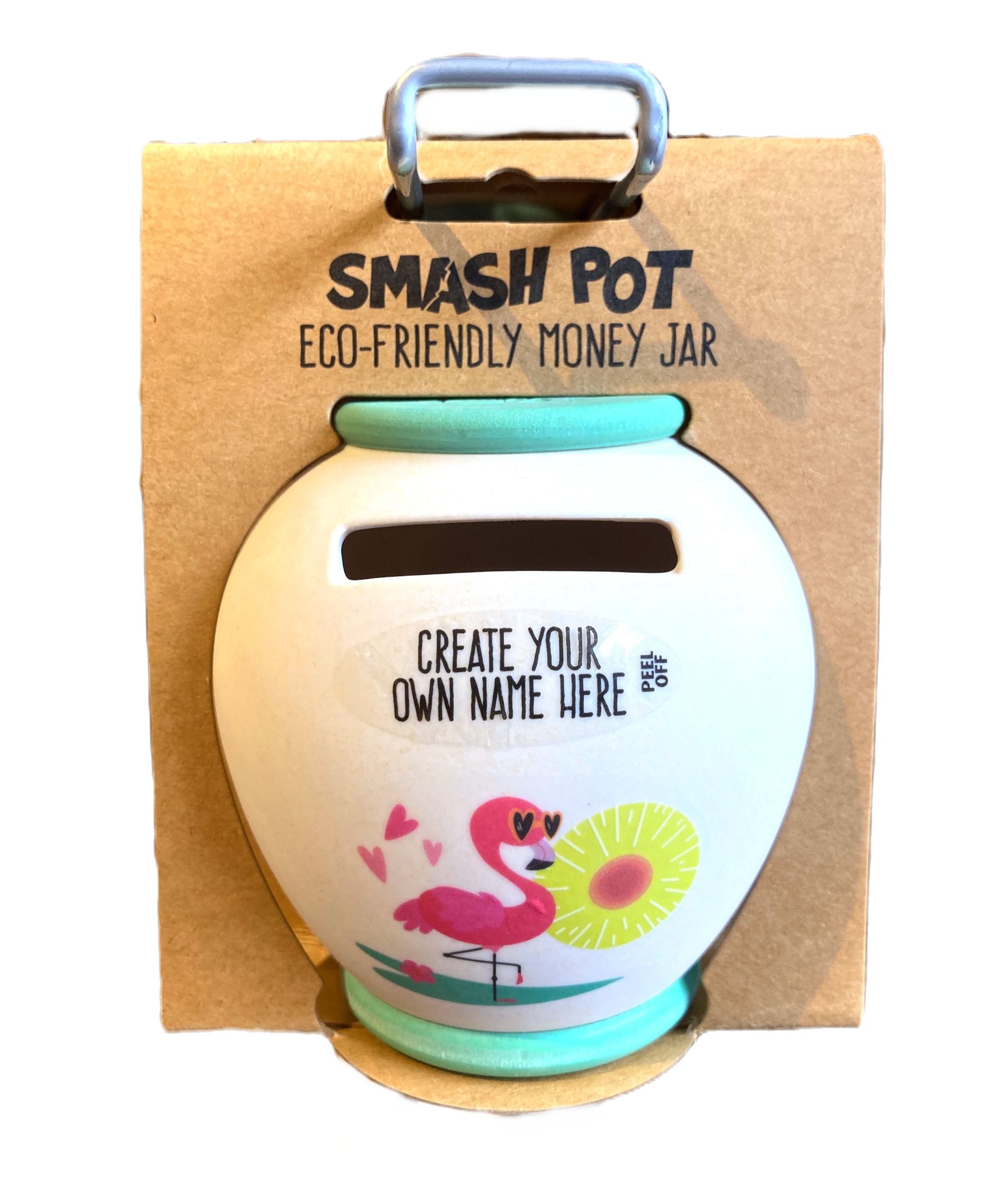 White bamboo piggy bank with green top & base, image of pink flamingo, text 'Create Your Own Name Here'