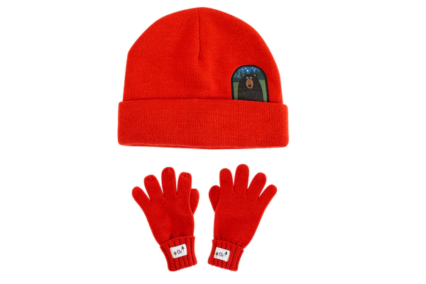 Red knitted beanie & gloves set with bear patch on crown