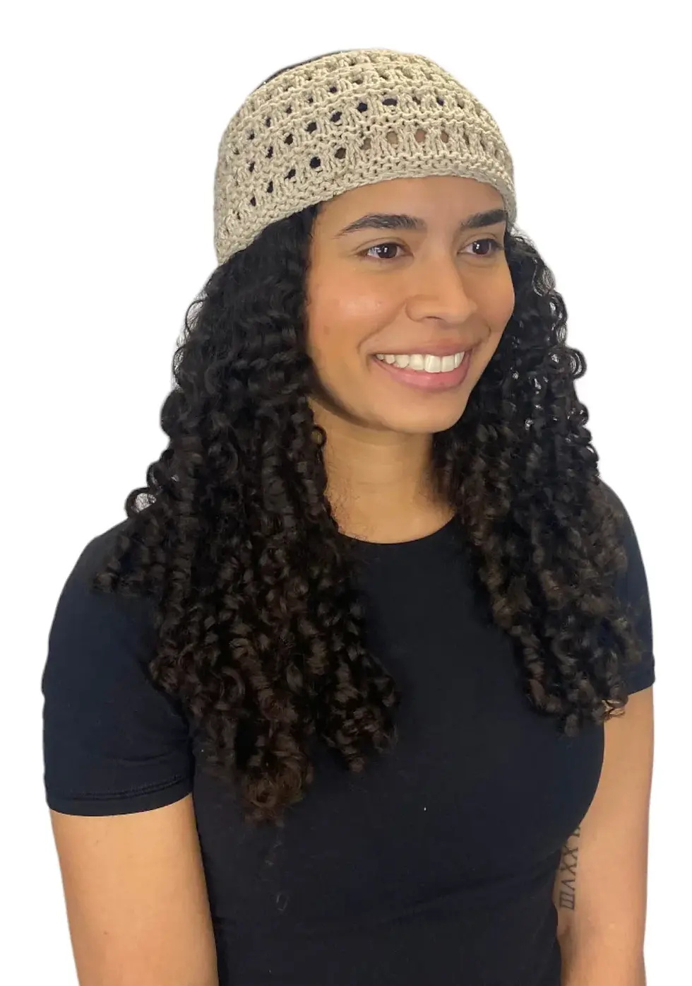 Thumbnail: Model wearing natural color knit cotton headband