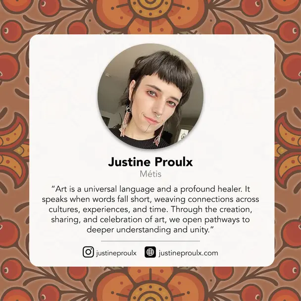 Information Box with photo of artist Justine Proulx, First Nations affiliation, quote & socials