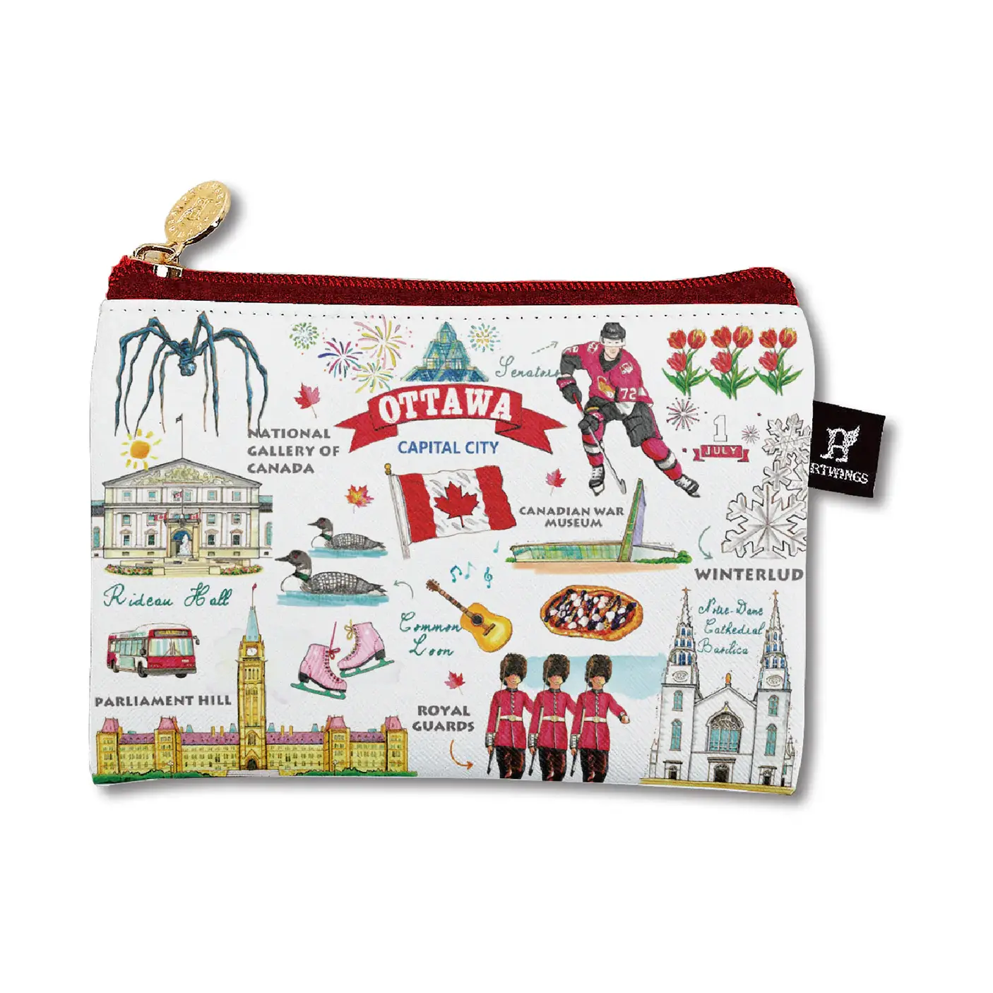 White rectangular zip pouch with colourful print of many Ottawa landmarks