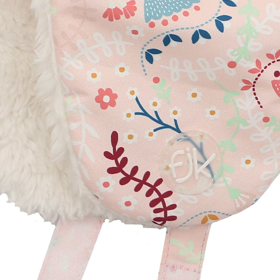 Thumbnail: Close up of ear flaps on pink trapper hat with pink & blue floral print & white sherpa lining with earflaps down