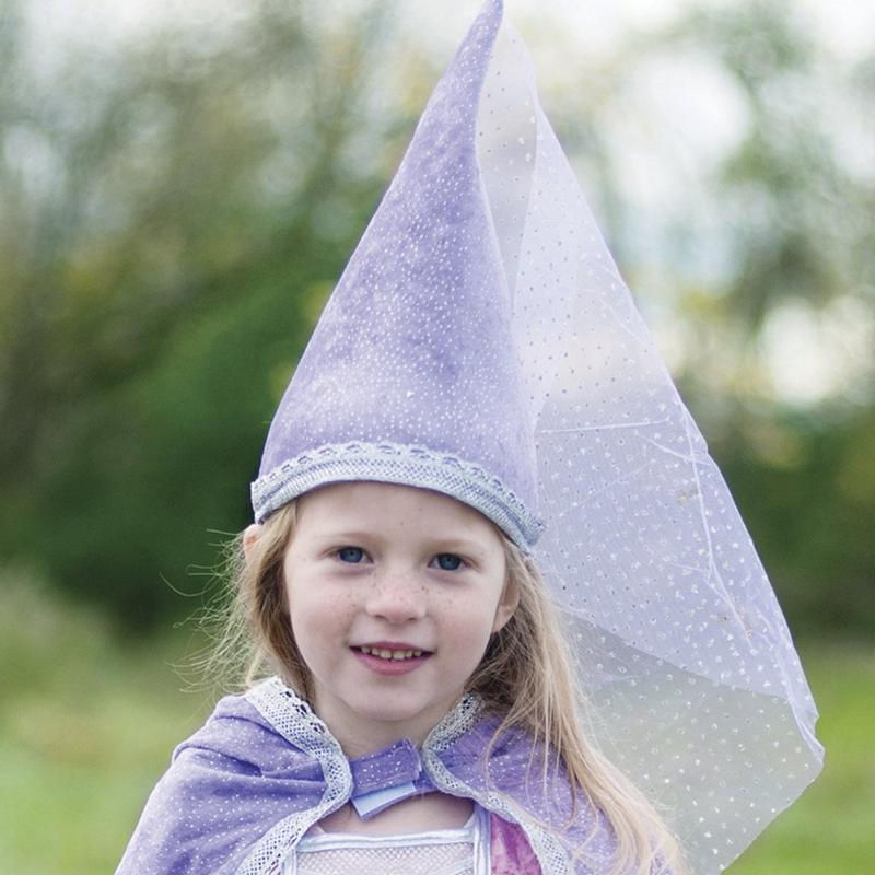 Thumbnail: Little girl wearing a mauve coned shaped princess hat with a tulle veil blowing out to one side
