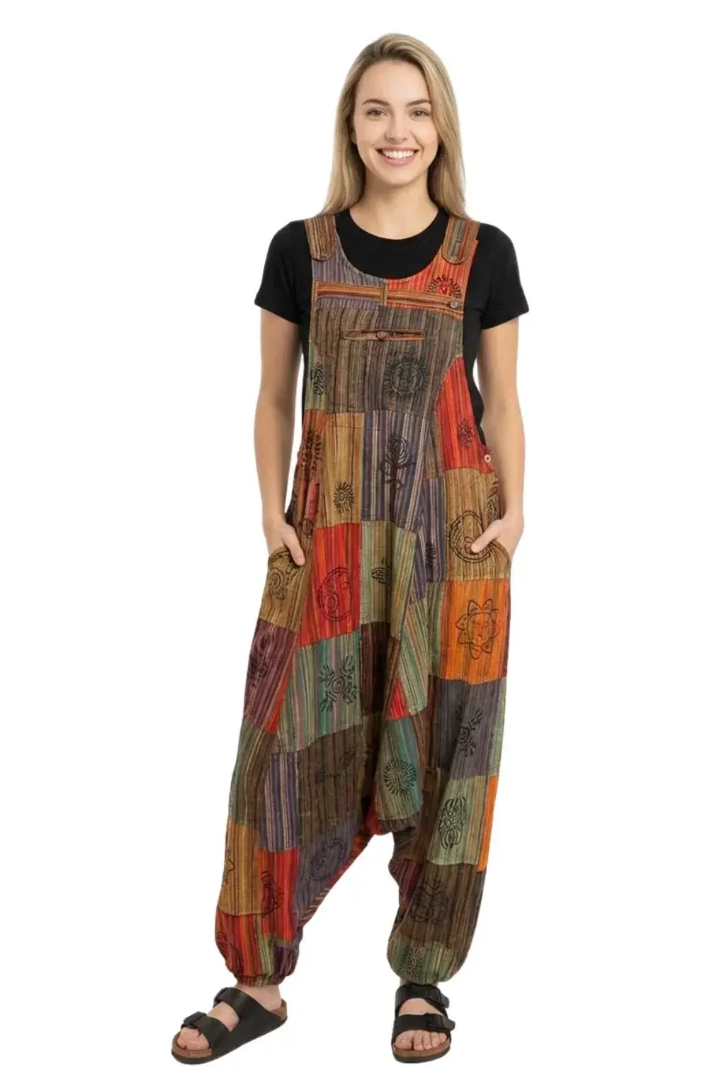 Model in rust & green harem patchwork overalls with side pockets