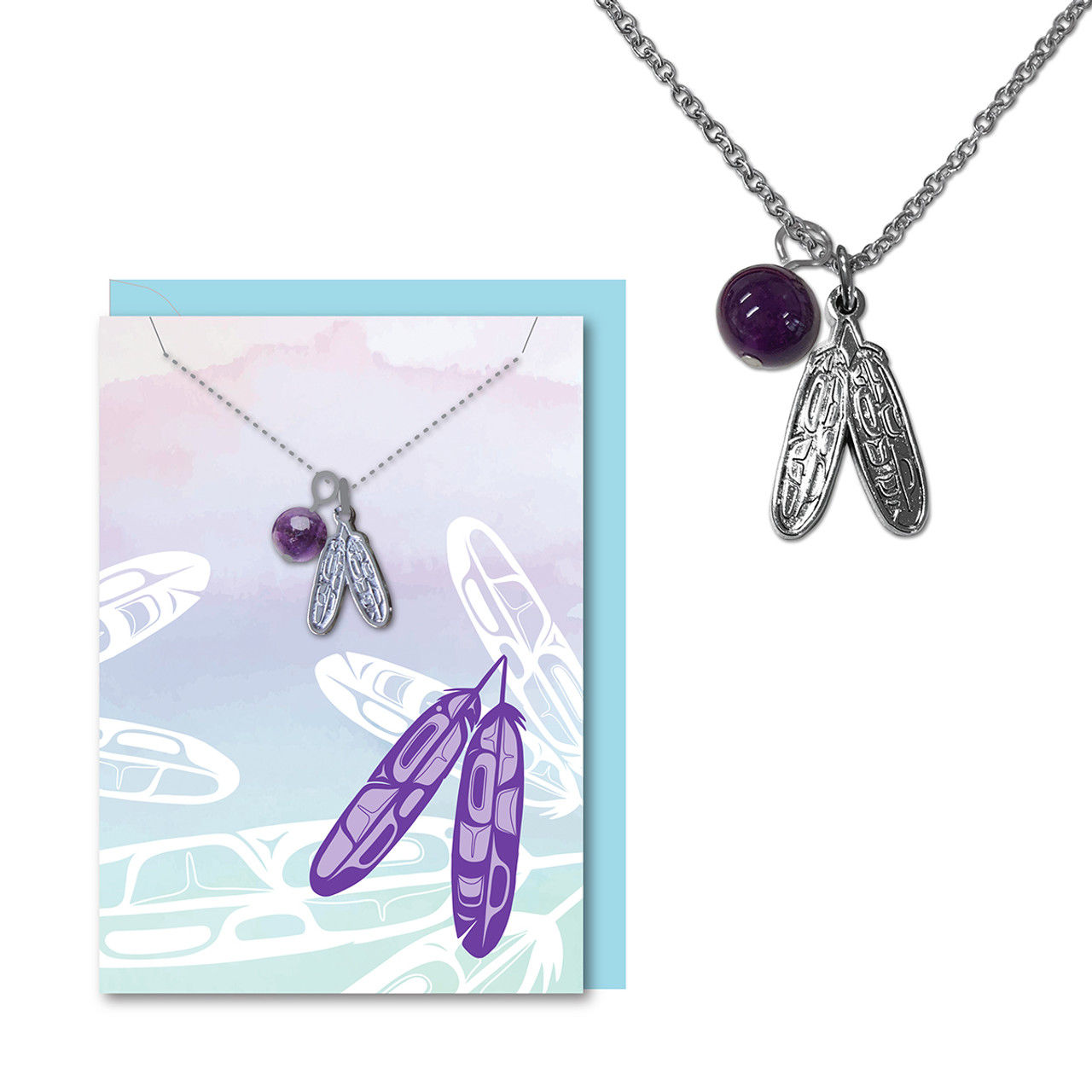 Art card print of Corey Bulpitt's 'Eagle Feathers' & chain with stone bead & pendant with 'Eagle Feathers'