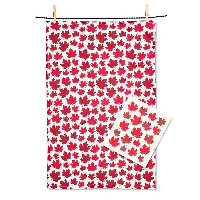 White tea towel with all over print of red maple leaves & matching dishcloth