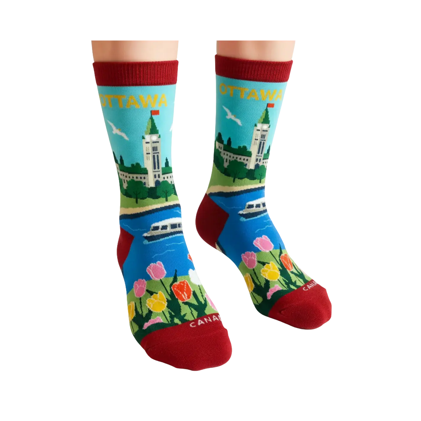 Right view of red socks with blue scenic print of Ottawa icons & tulip print at base in Tickled Pink Ottawa
