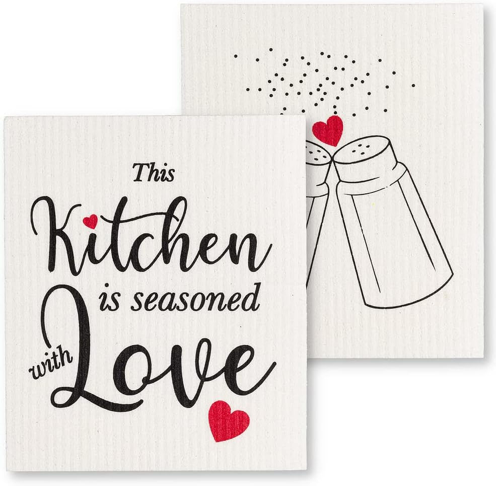 2 white rectangular sponge dishcloths with kitchen themed print