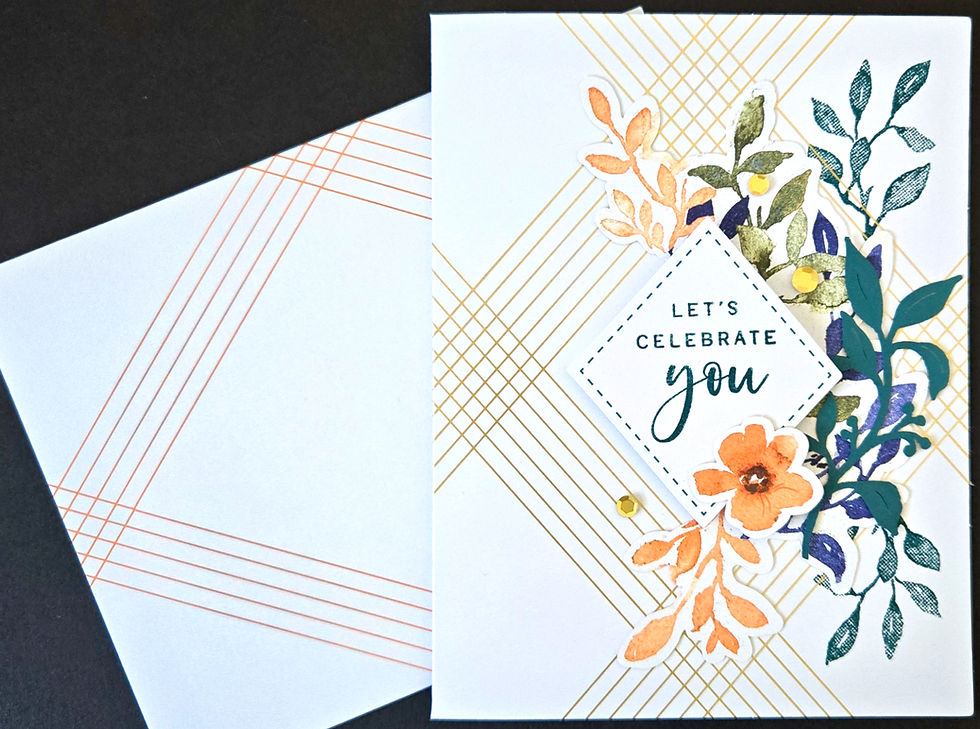 Handmade celebration card shown next to its matching geometric lined envelope at Tickled Pink.