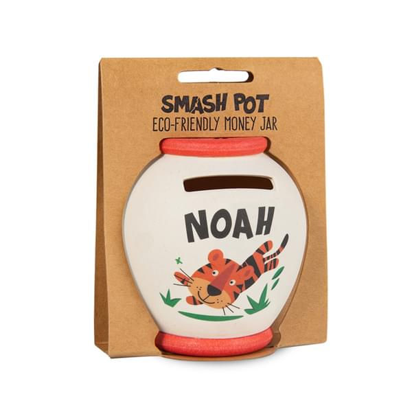 Smash pot piggy bank, white with orange lid & image of orange tiger, text 'NOAH'