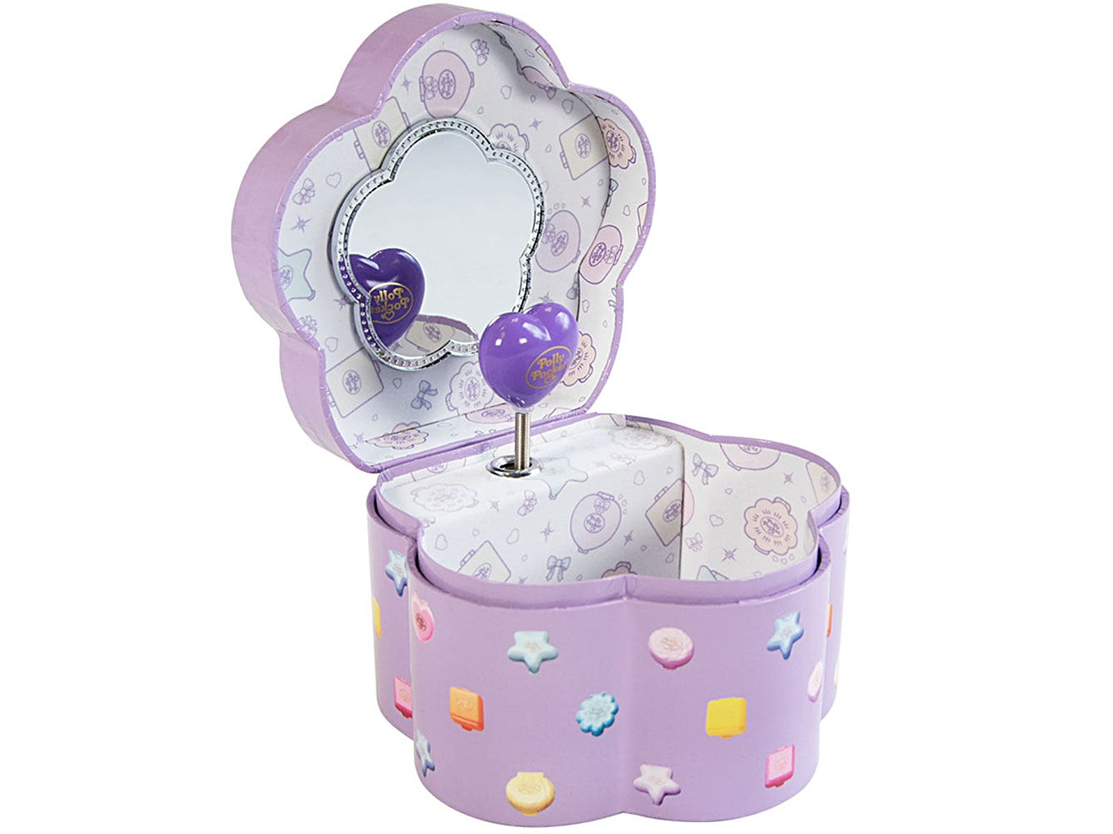 Open Polly Pocket purple flower shaped musical jewelry box with storage & oval mirror, twirling figurine