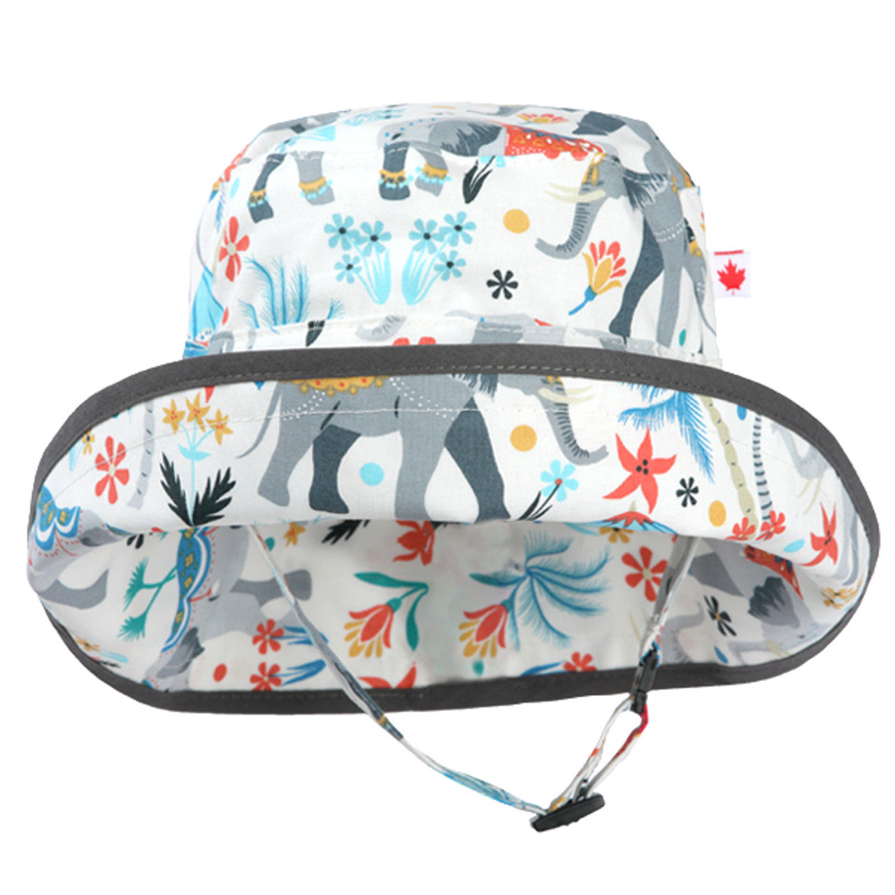 Front view of white sun hat with orange, blue & gray animal print, chin strap