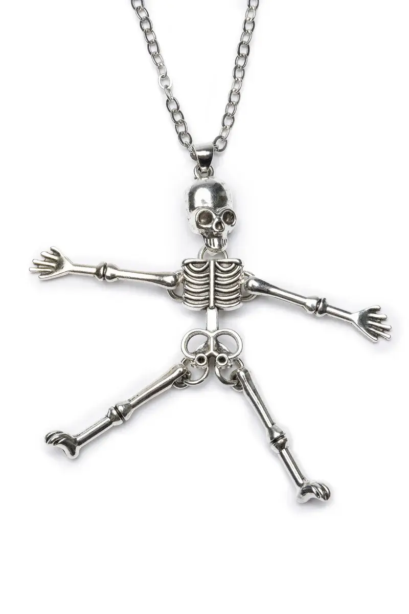 Silver colored metal necklace with skeleton pendant arms & legs spread