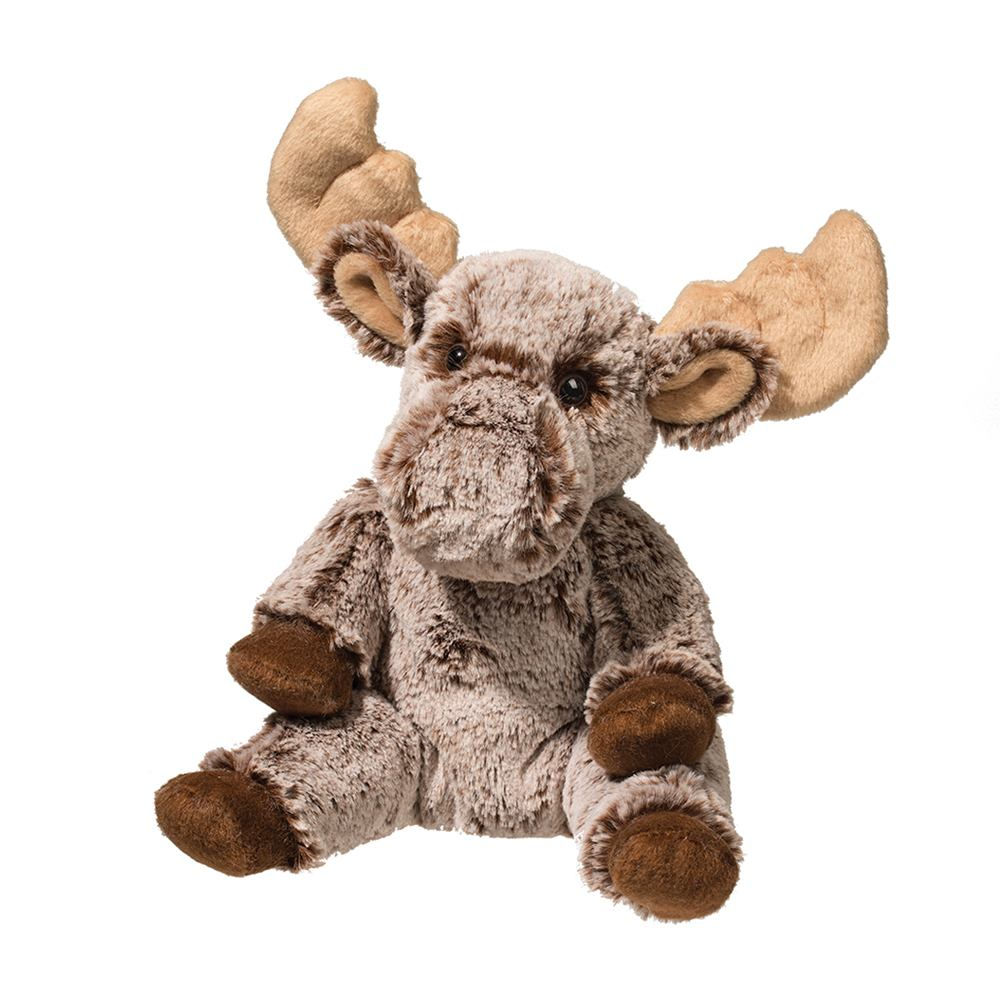 Small brown & tan plush stuffed toy moose in sitting position with large antlers