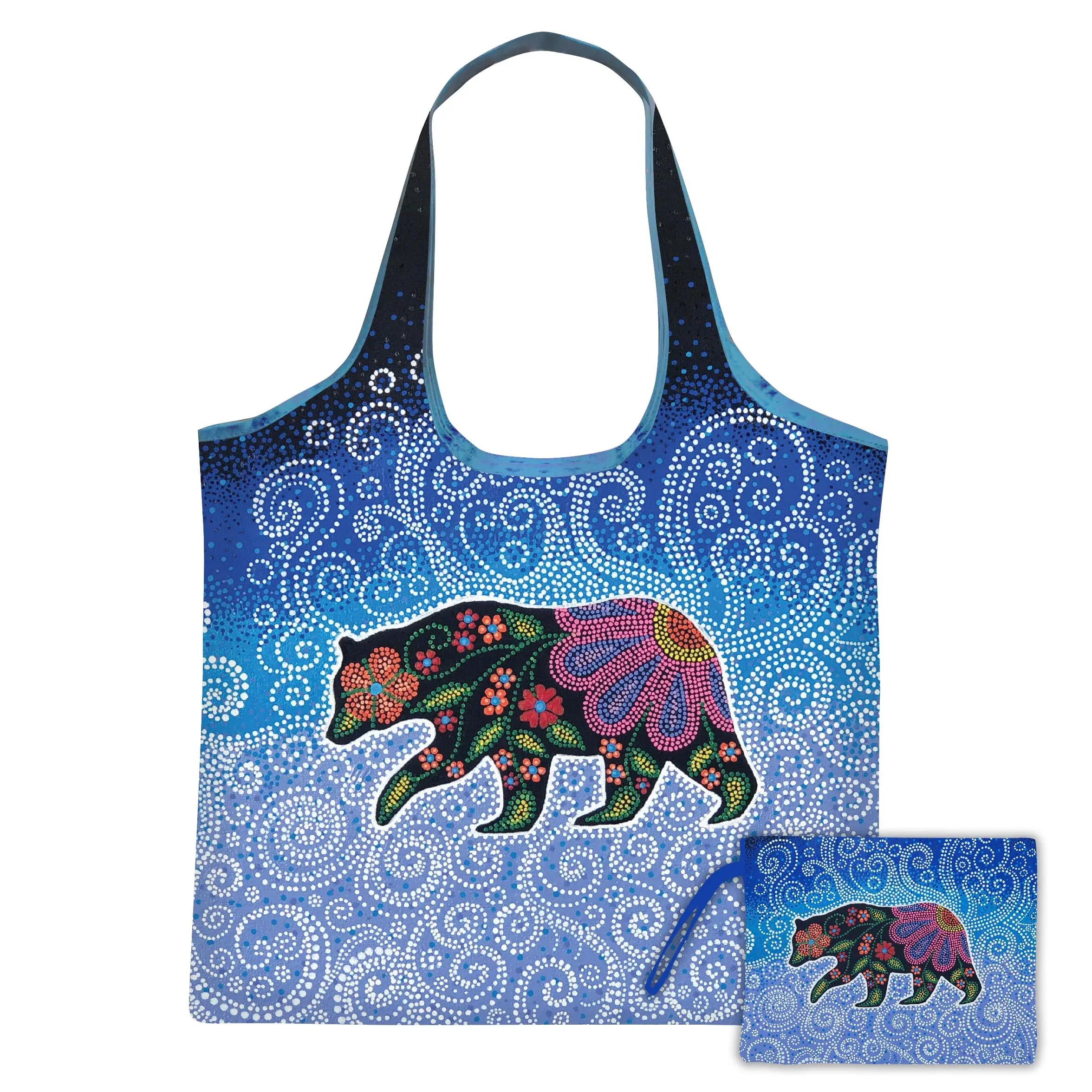 Wide handled reusable shopping bag printed with Kim McDonough's painting 'Celestial Bear' & matching small pouch