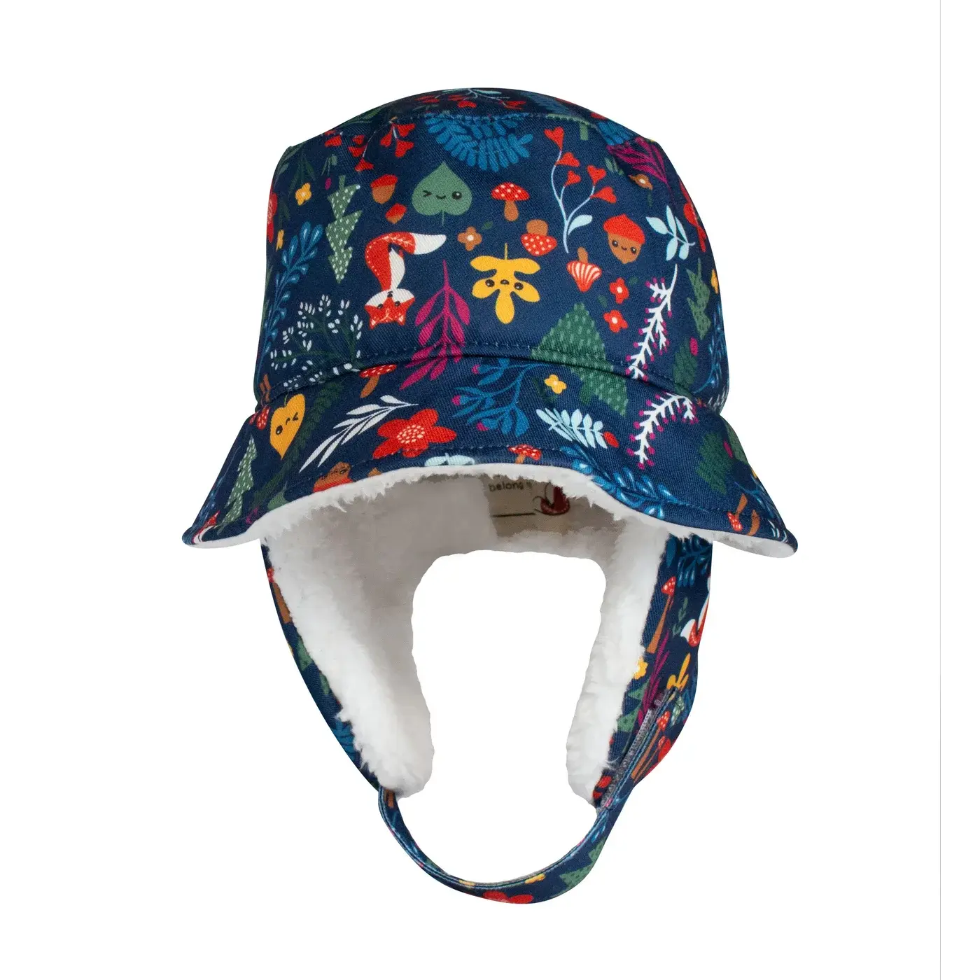 Front view of child's winter bucket hat with fleece lining, ear flaps & chin strap, navy forest print
