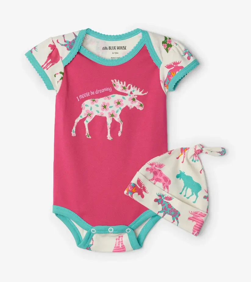 Little Blue House Patterned Moose baby bodysuit and matching knotted hat set at Tickled Pink.