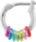 Hollow click hoop earring with 7 shiny metallic colored rings threaded onto hoop
