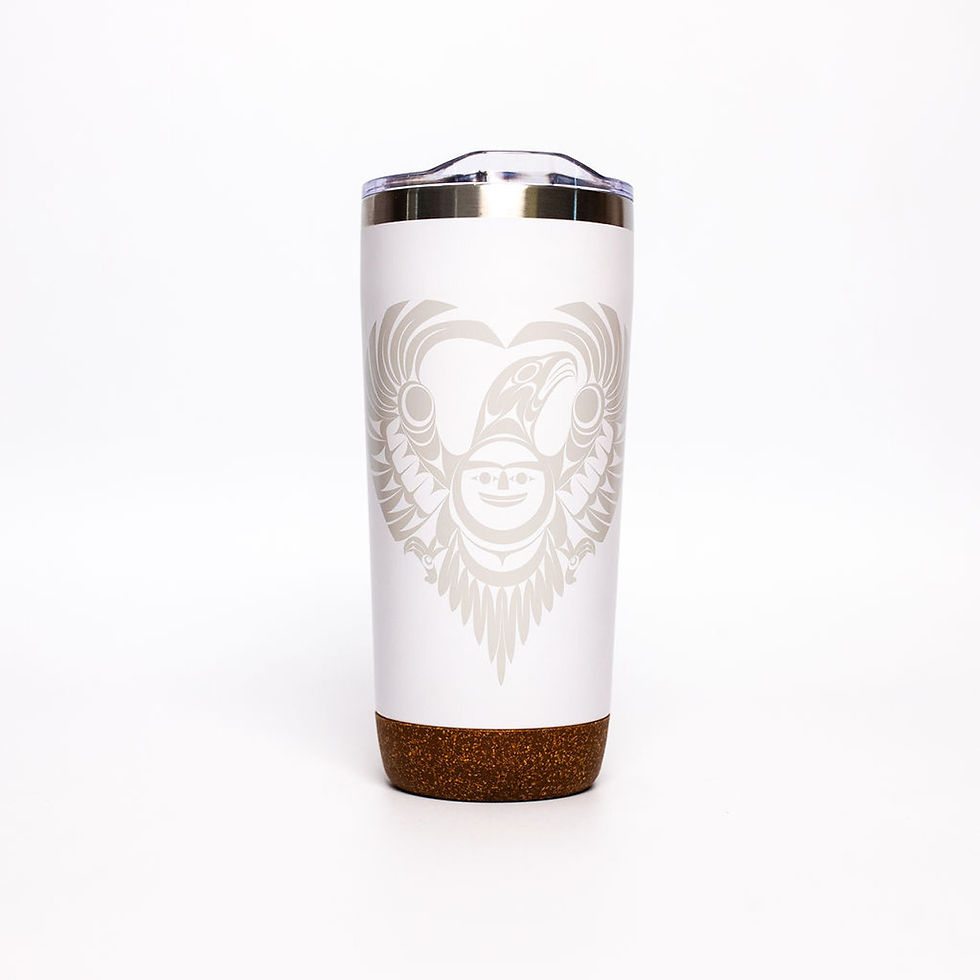 Large white cork base travel mug with Healing from Within print by Francis Horne Sr.