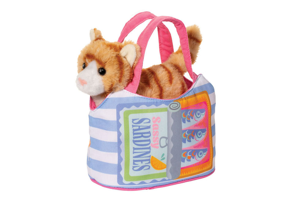 Side view of blue & white sardine can print bag with striped orange stuffed toy tabby cat inside