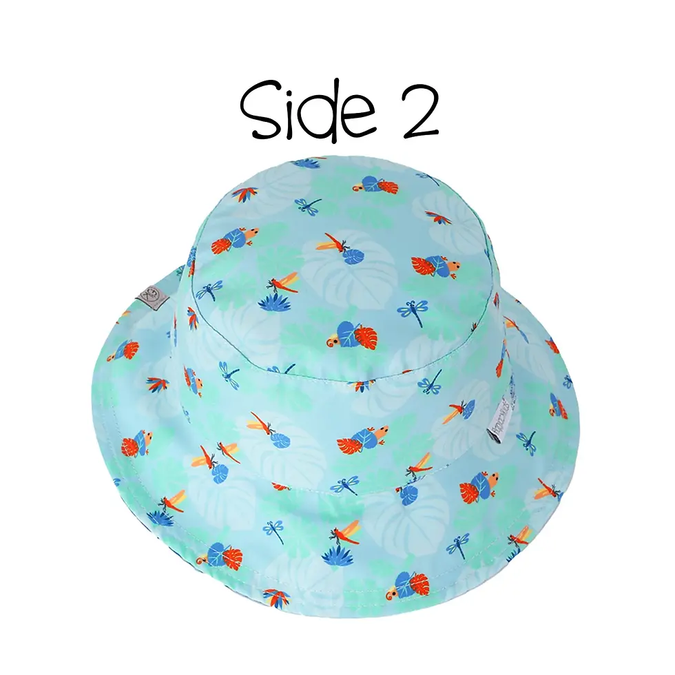 Thumbnail: Pale blue reversible cotton sun hat with red & blue tropical print