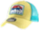 Tickled Pink's yellow kids meshback baseball cap featuring a front patch with a sunset bear silhouette and Canada text.