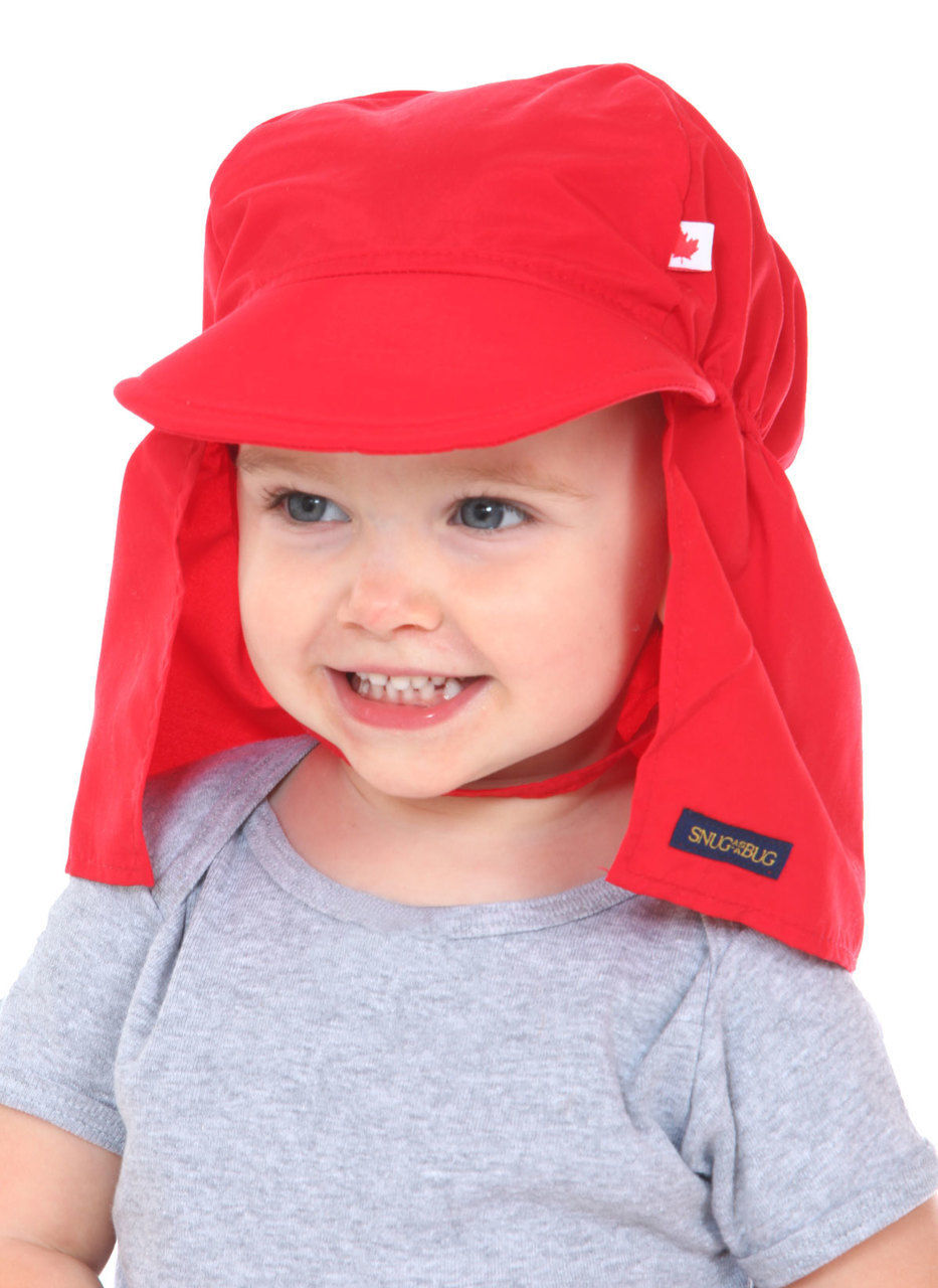 Thumbnail: Front view of Child wearing red cap style sun hat with peaked brim in front & long fabric covering neck & ears