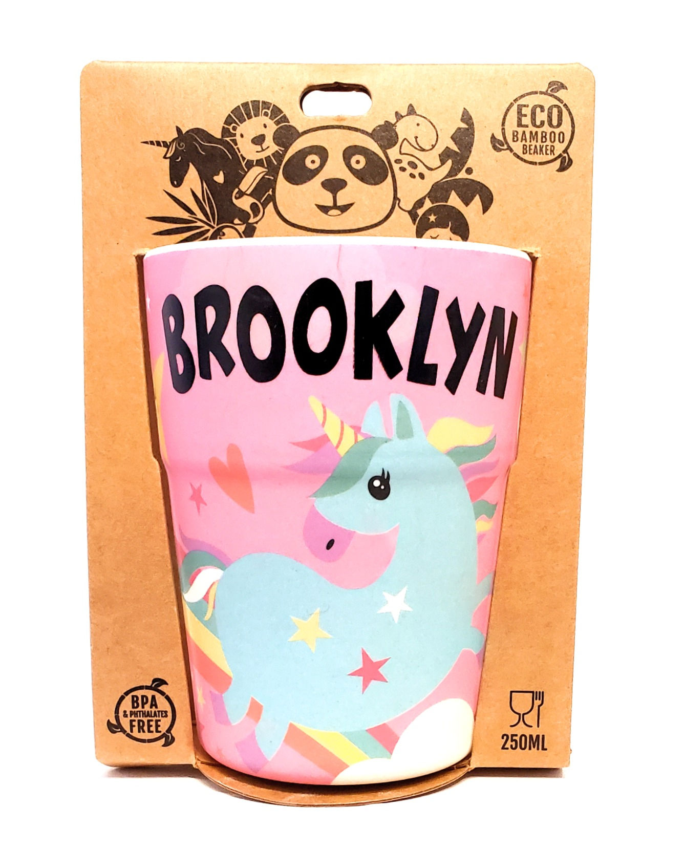 Colorful kids beaker with image of unicorn & black text 'Brooklyn' in brown cardboard packaging with panda logo