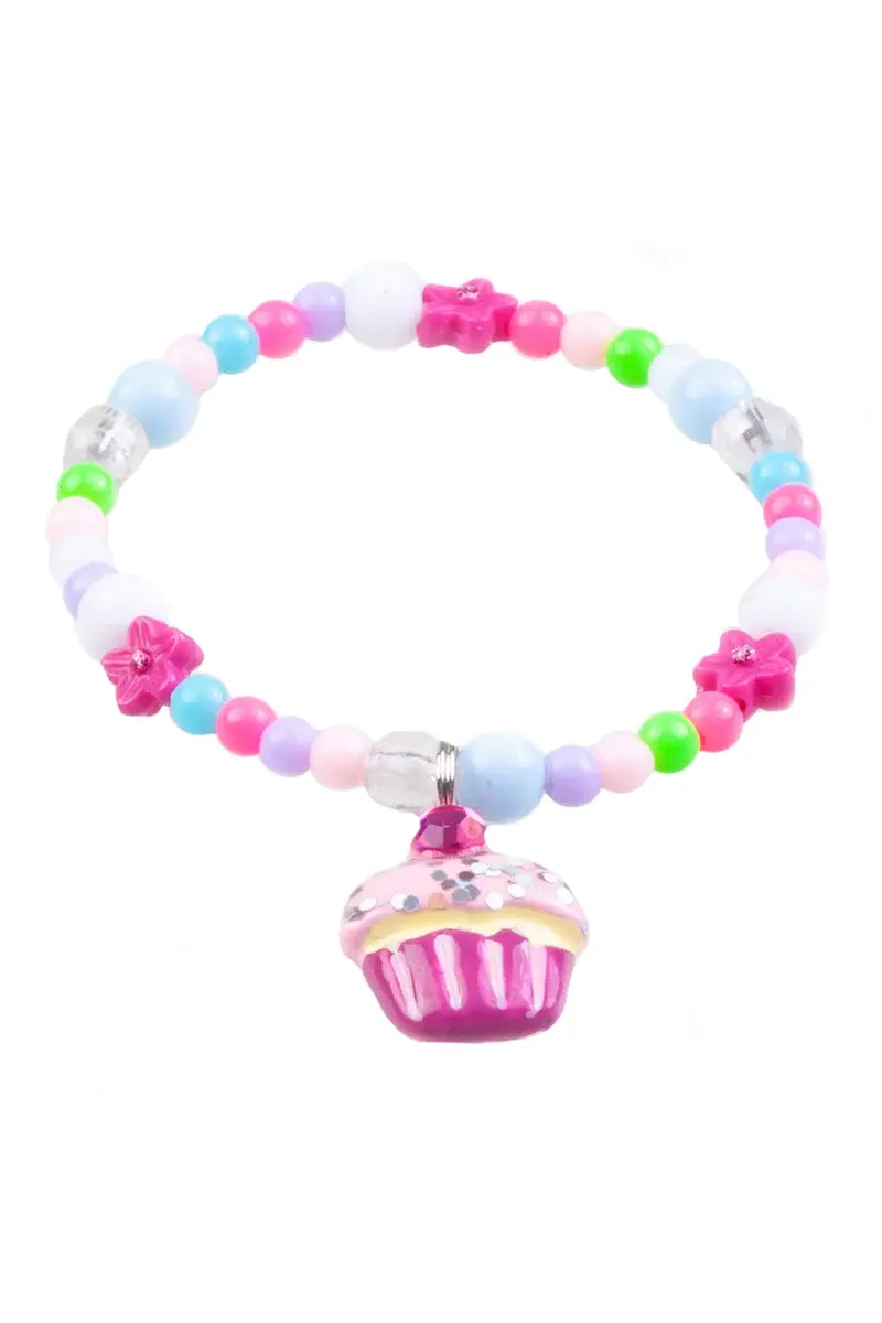 Pink & green bead bracelet with pink cupcake charm