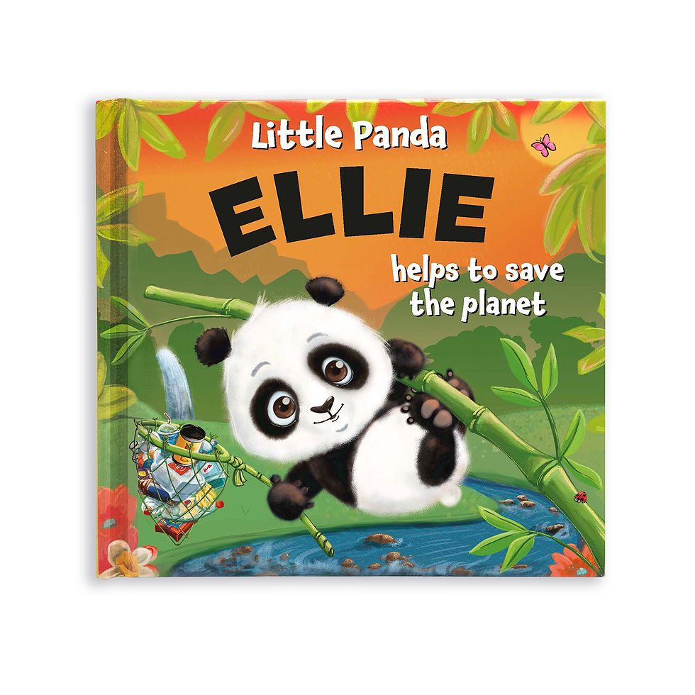Green & orange book with picture of panda, title, 'Little Panda ELLIE helps to save the planet'